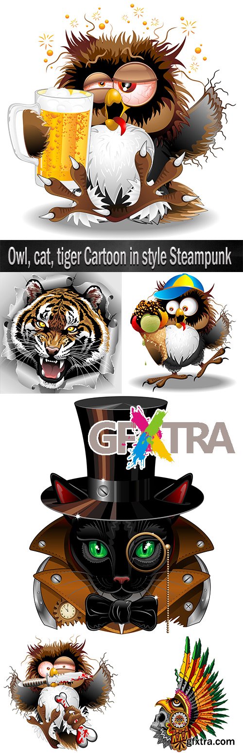 Owl, cat, tiger Cartoon in style Steampunk