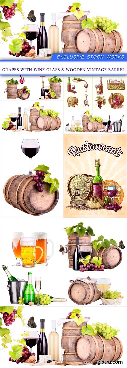 grapes with wine glass & wooden vintage barrel 10X JPEG