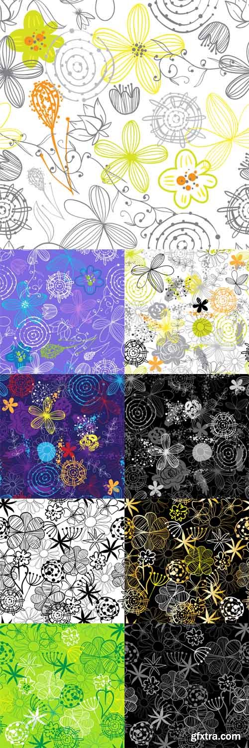 Vector Set - 9 Floral Patterns in Doodle Style
