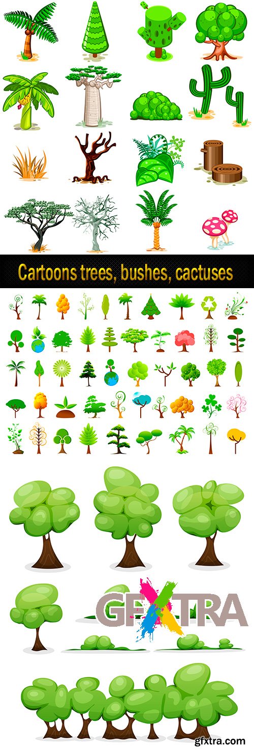 Cartoons trees, bushes, cactuses