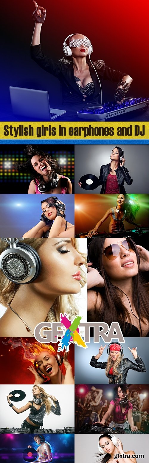 Stylish girls in earphones and DJ