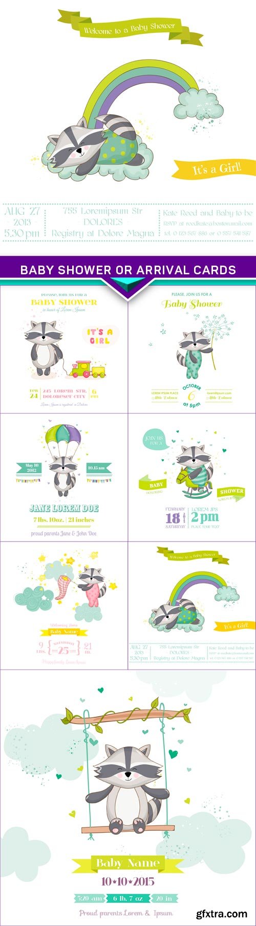 Baby Shower or Arrival Cards, Raccoon vector 7x EPS