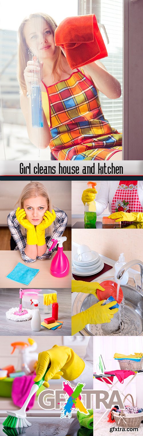 Girl cleans house and kitchen