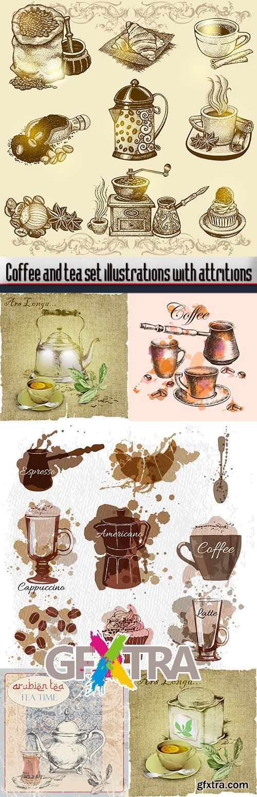 Coffee and tea set illustrations with attritions