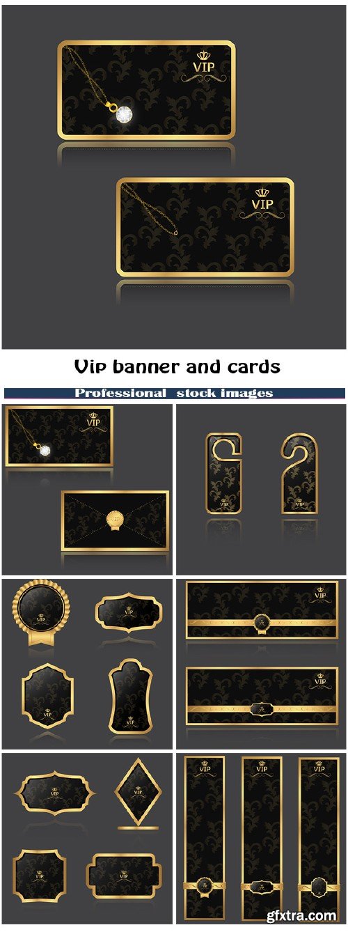 Dark gray and gold Vip banner and cards