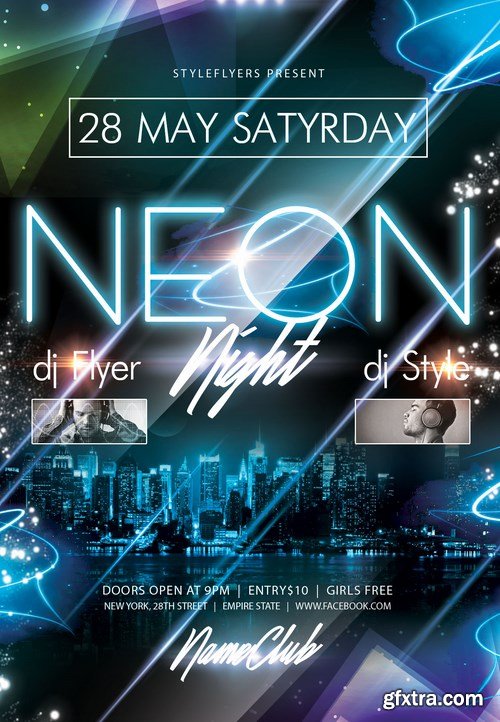 Neon Party PSD Flyer Template + Facebook Cover