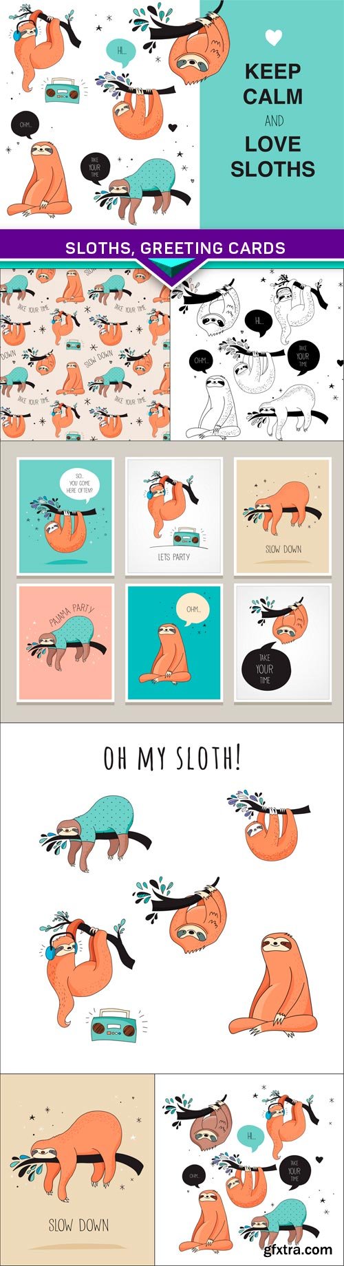 Sloths, greeting cards 7x EPS