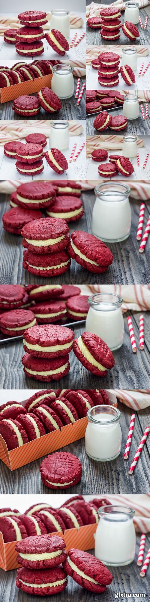 Red velvet sandwich cookies with milk