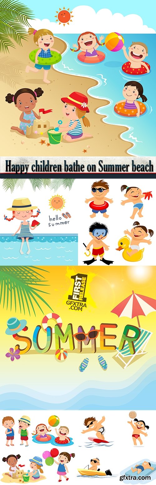Happy children bathe on Summer beach