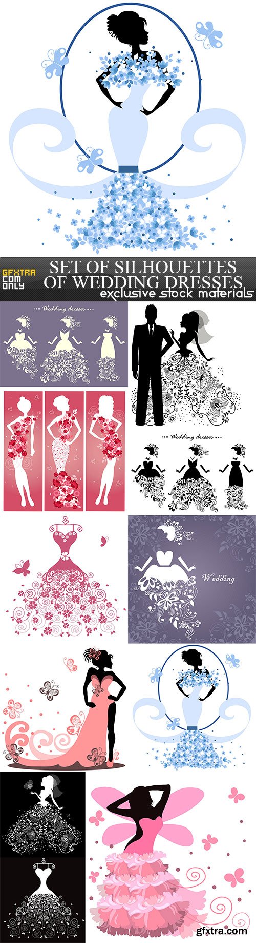 Set of silhouettes of wedding dresses, 11 x UHQ JPEG