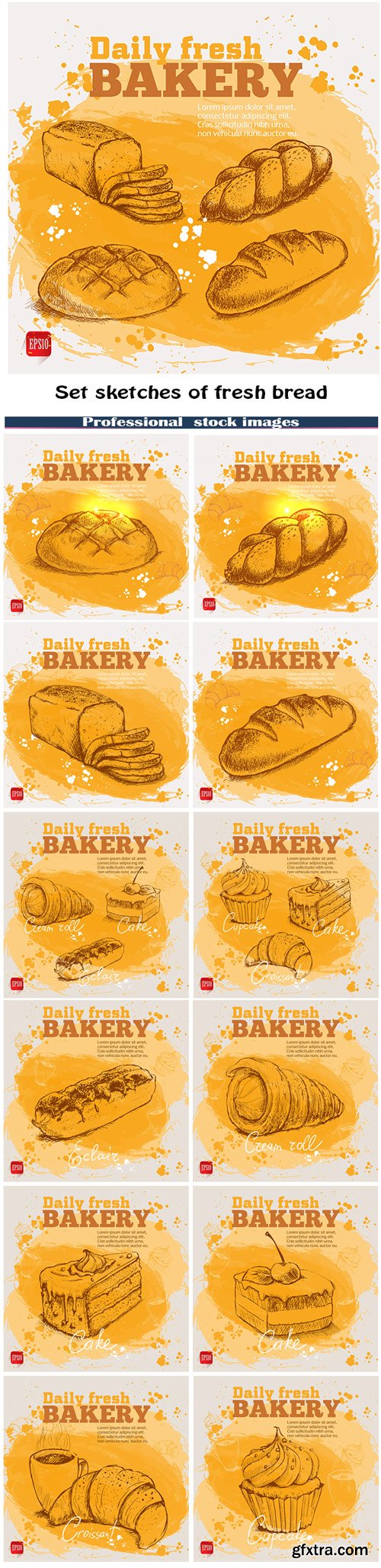 Set sketches of fresh bread on yellow watercolor background