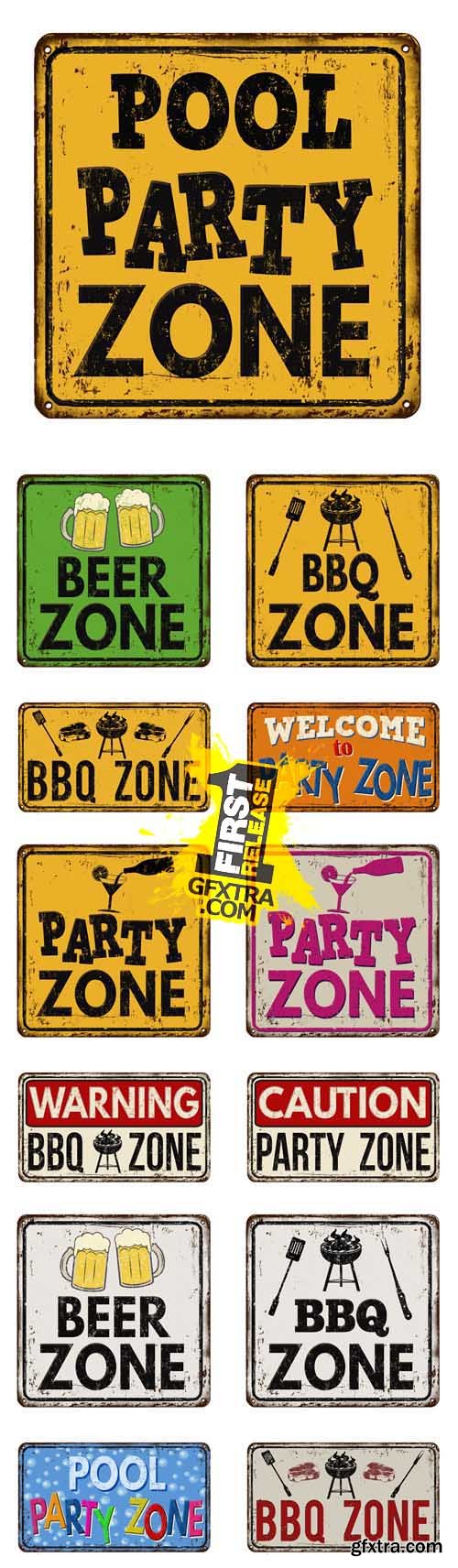 Vector Set - Party and BBQ Zone Vintage Rusty Metal Signs