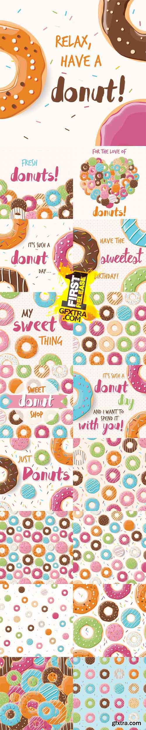 Vector Set - Posters and Patterns Design with Colorful Glossy Tasty Donuts