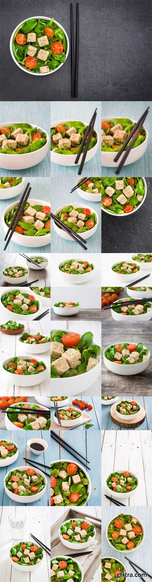 Photo stock - Vegan tofu salad with tomatoes and lamb\'s lettuce on slate