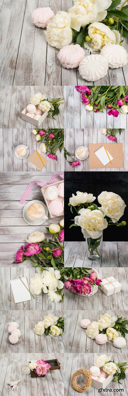 Photo Stock - Beautiful white peonies flowers and marshmallows on white wooden background