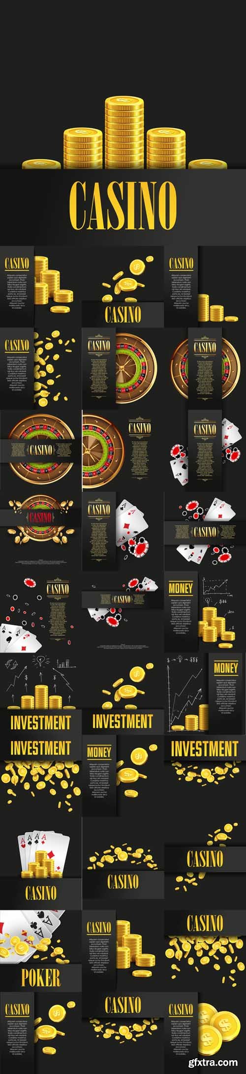 Vector Set - Casino Poster Backgrounds or Flyer with Golden Money Coins