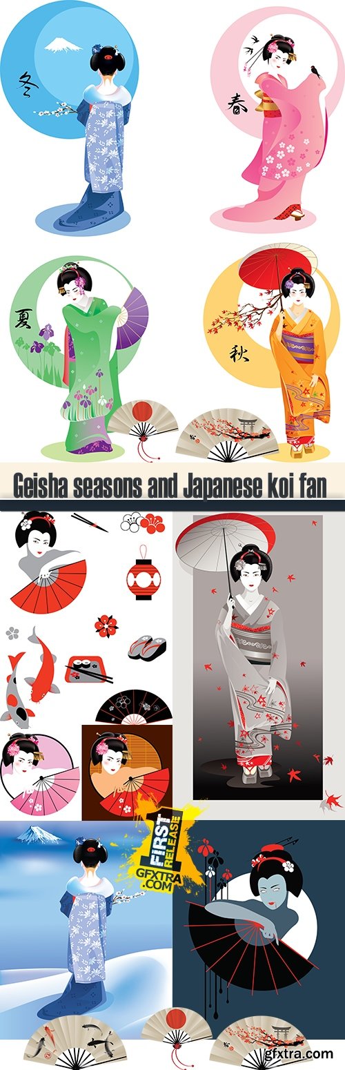 Geisha seasons and Japanese koi fan