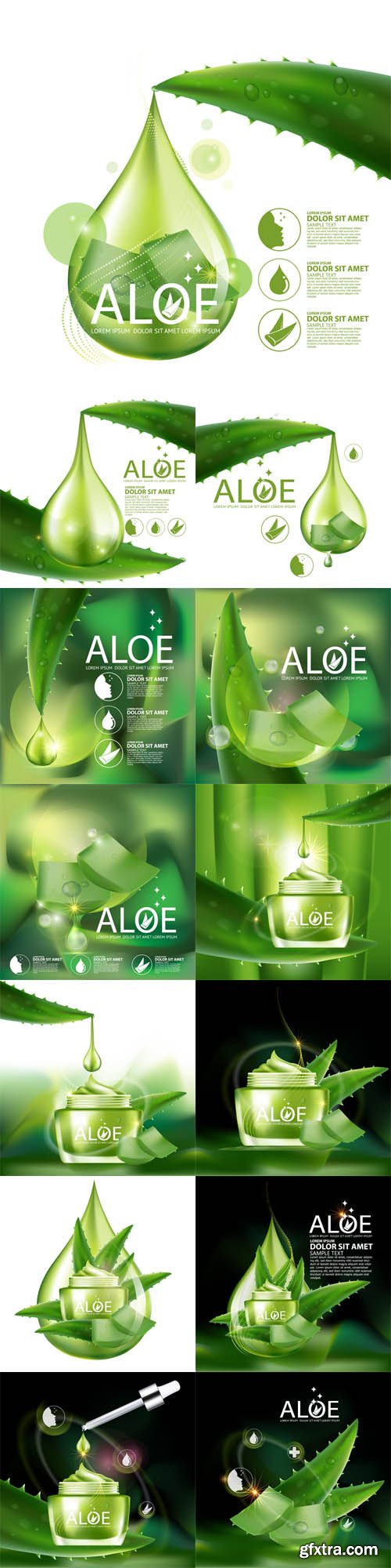 Vector Set - Aloe Vera Collagen Serum and Background Concept Skin Care Cosmetic
