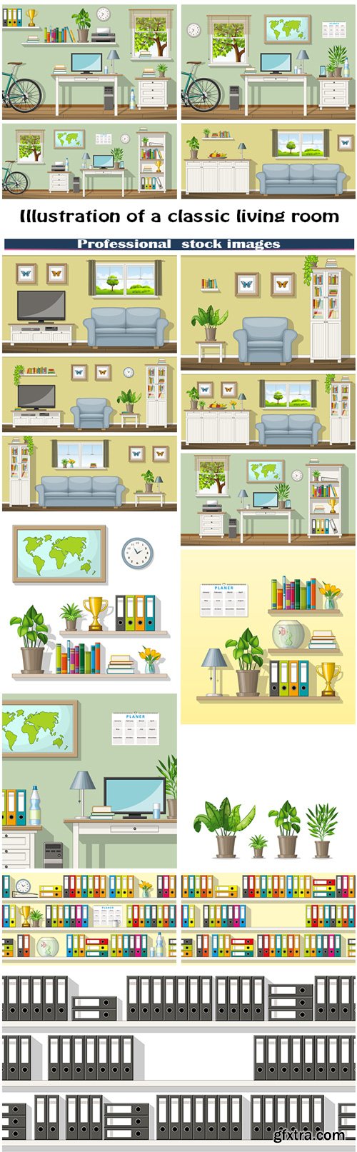 Illustration of a classic living room and folders on shelves