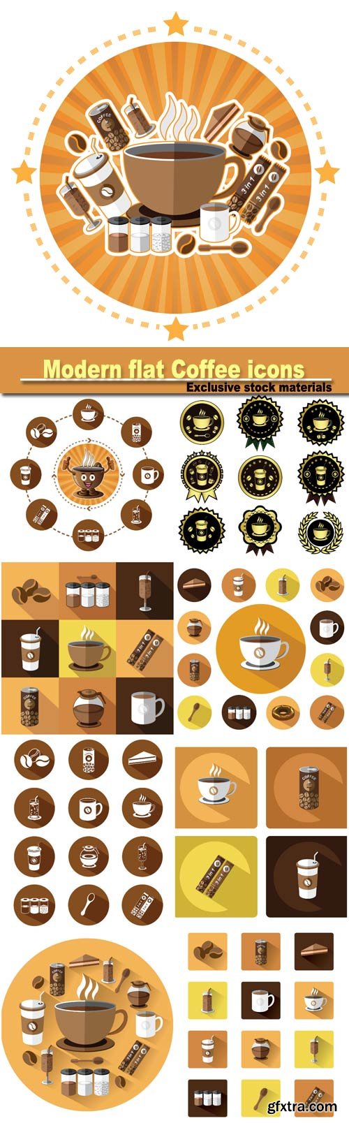Modern flat Coffee icons set with long shadow effect