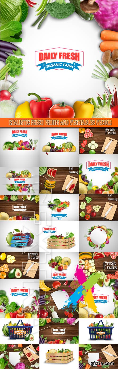 Realistic fresh fruits and vegetables vector