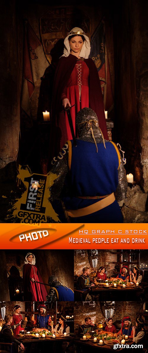 Stock Photo - Medieval people eat and drink
