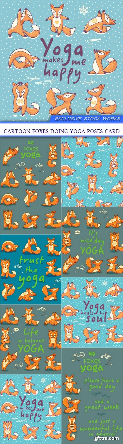 Cartoon foxes doing yoga poses card 8X EPS