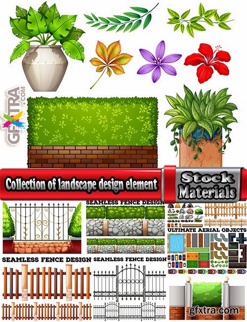 Collection of landscape design element decoration fence stone fence gate house 25 EPS