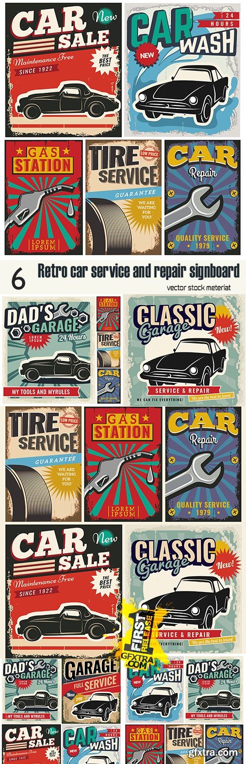 Retro Car Service & Repair Signboards 6xEPS