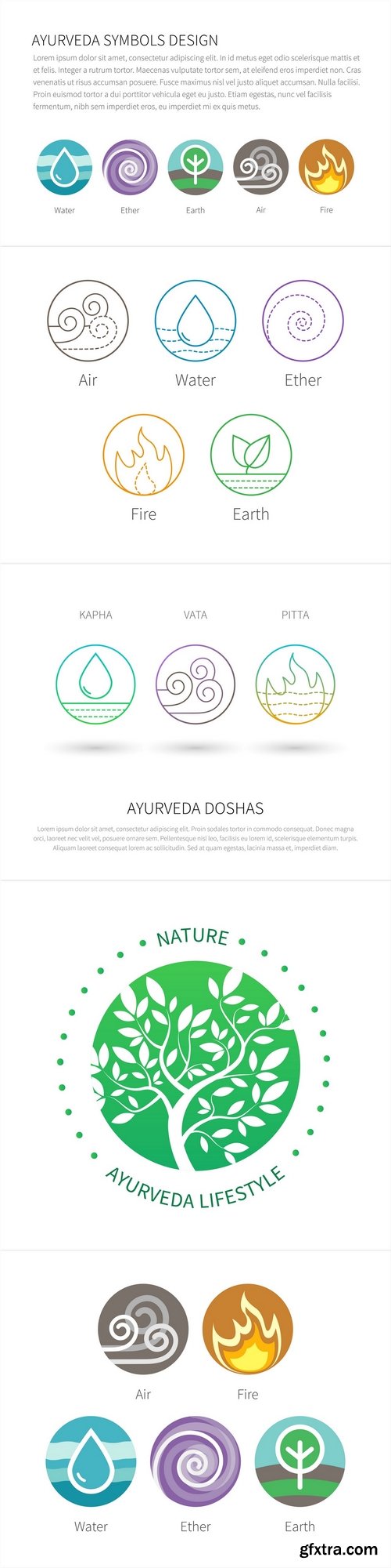 Ayurvedic elements water, fire, air, earth and ether icons