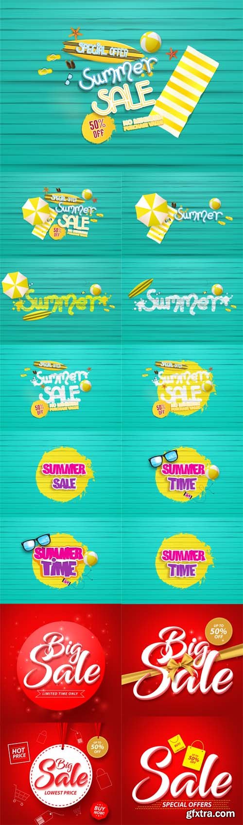 Vector Set - Summer Sale Background with Painted Wooden Floor and Beach Products