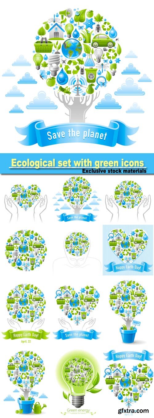 Ecological set with green icons on white background for environment protection concept