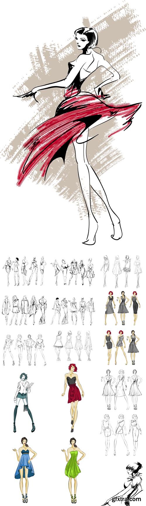 Vector Set - Sketch.Fashion Girls on a White Background