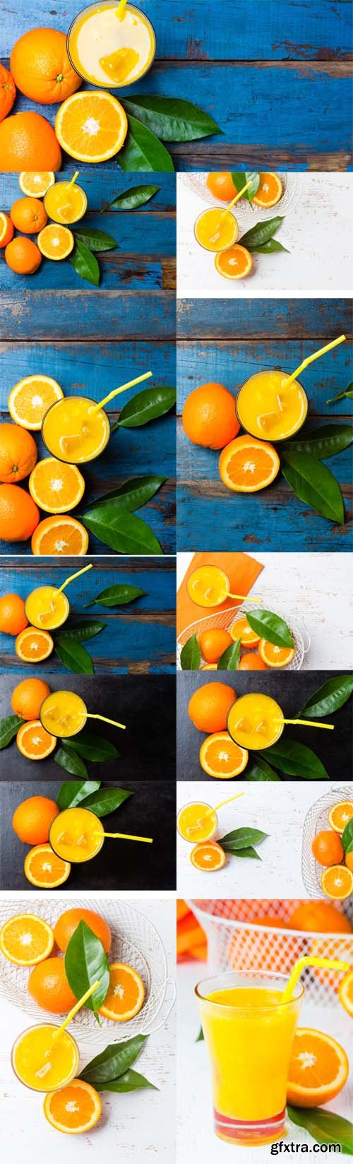 Photo Set - Glass of Freshly Squeezed Orange Juice and Fresh Oranges
