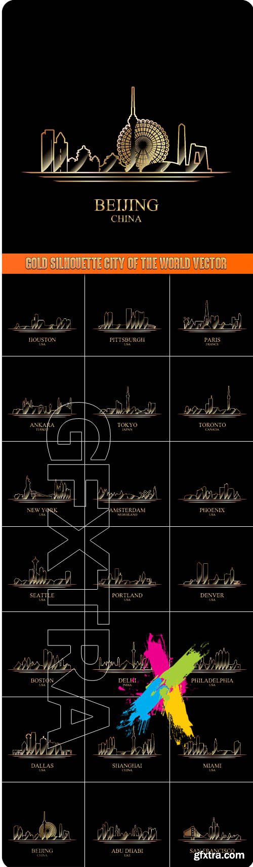 Gold silhouette city of the world vector