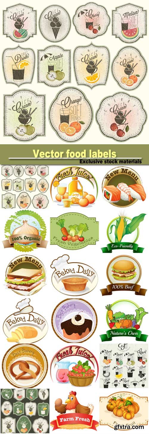 Vector food labels, food and drink