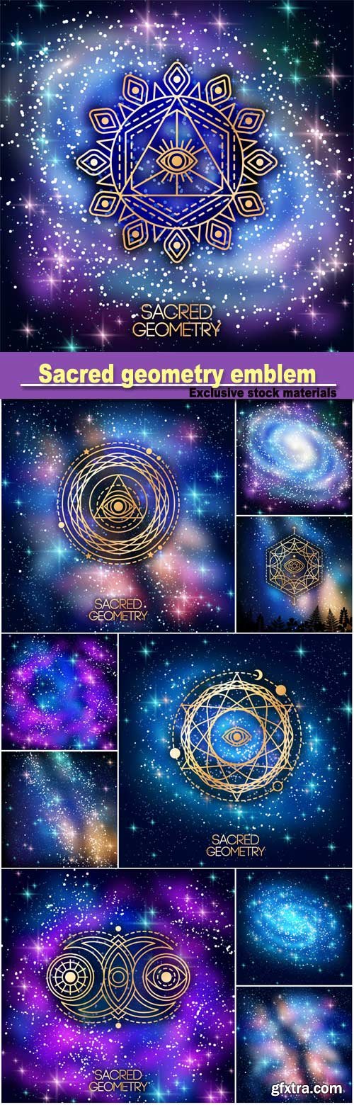 Sacred geometry emblem with eye in star on shining galaxy space background