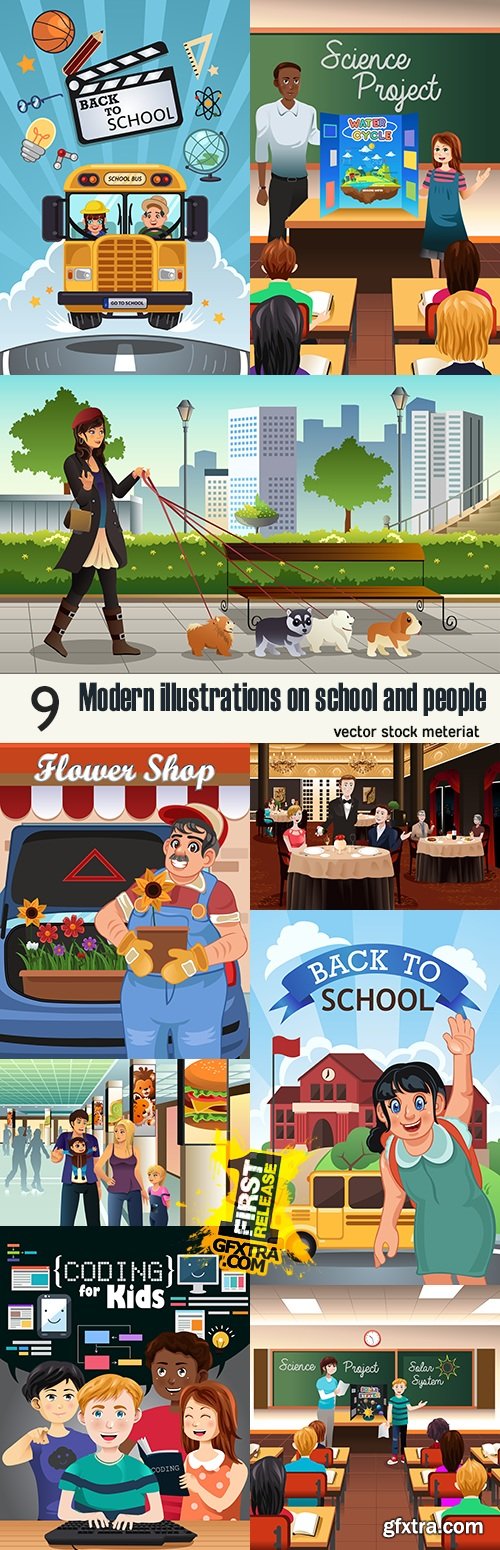 Modern illustrations on school and people