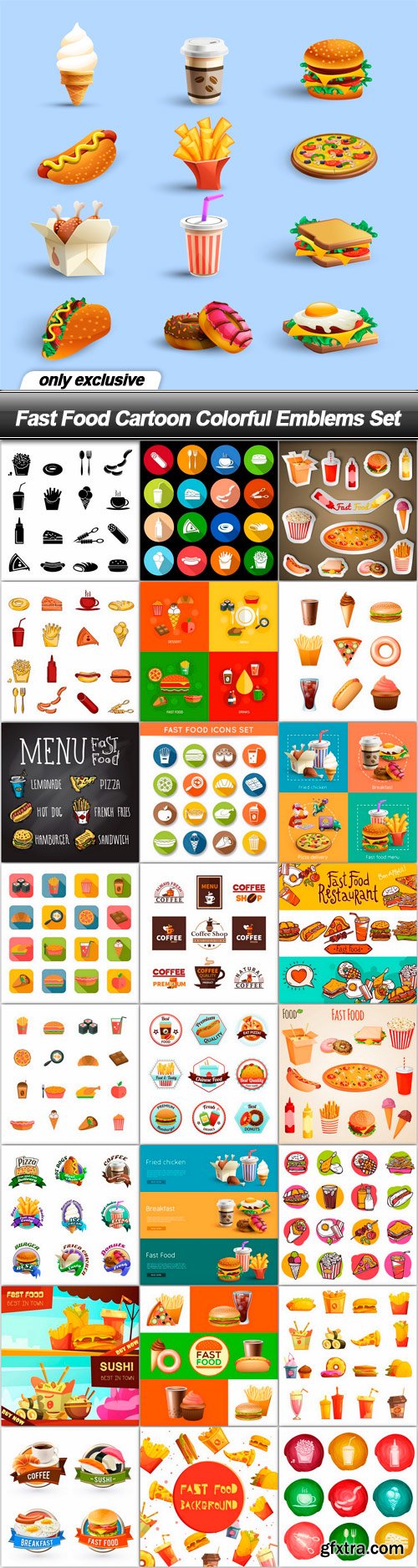 Fast Food Cartoon Colorful Emblems Set - 25 EPS