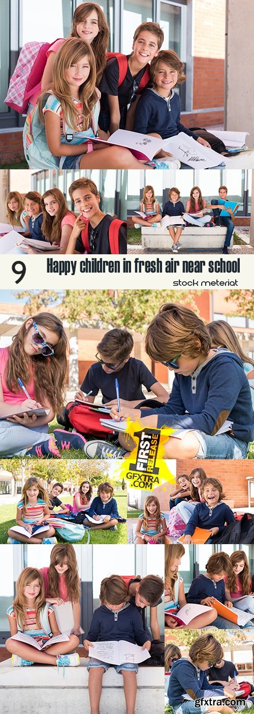 Happy children in fresh air near school
