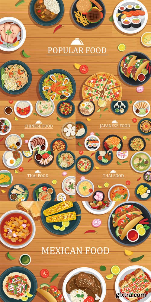 Vector Set - Popular Food on a Wooden Background