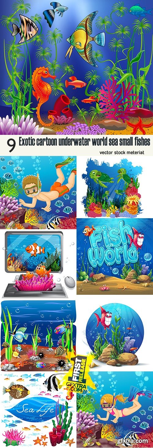 Exotic cartoon underwater world sea small fishes