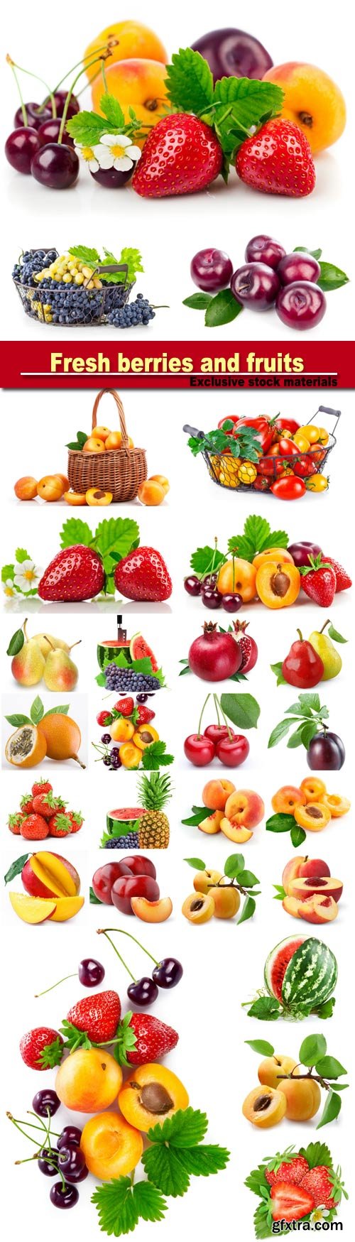 Fresh berries and fruits in still life with green leaves strawberry, apricot, cherry, plum isolated on white background