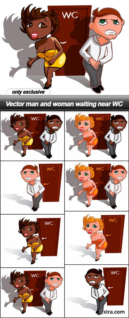 Vector man and woman waiting near WC - 8 EPS