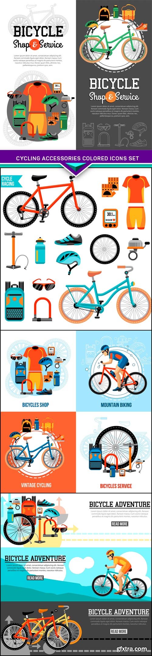 Cycling accessories colored icons set 4X EPS