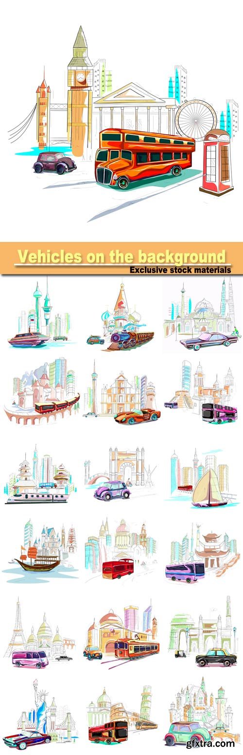 Vehicles on the background of the different countries of the world