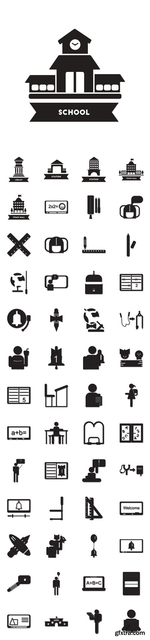 Vector Set - Back to School and Education flat icon in black and white style