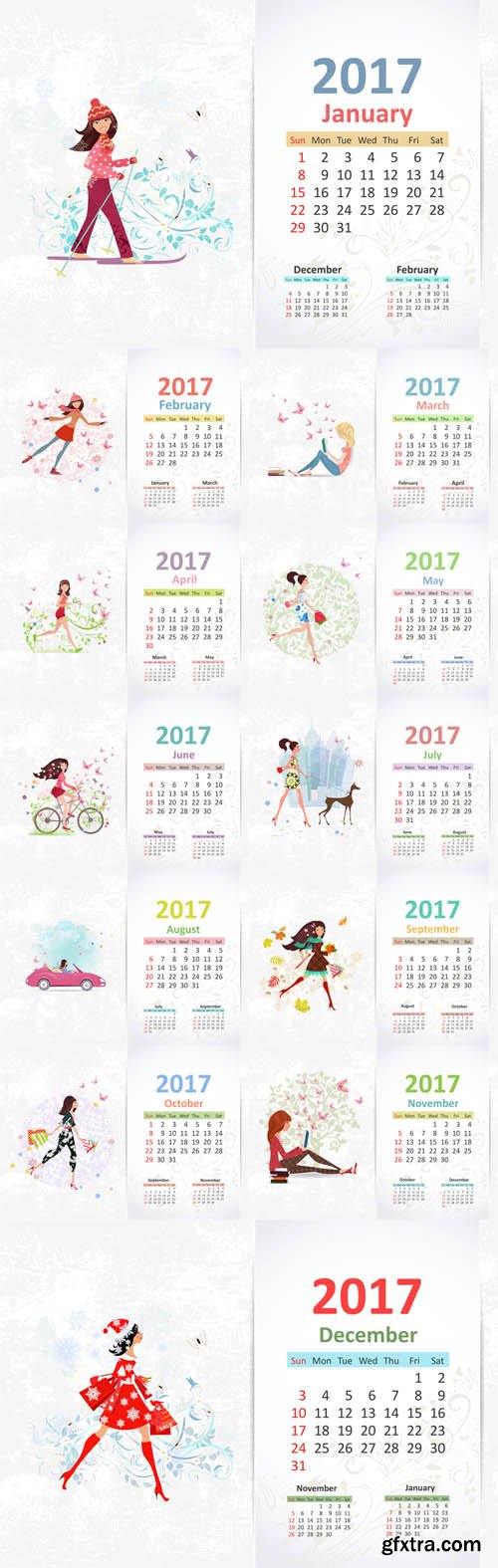 Vector Set - Calendar 2017 with Nice Young Woman