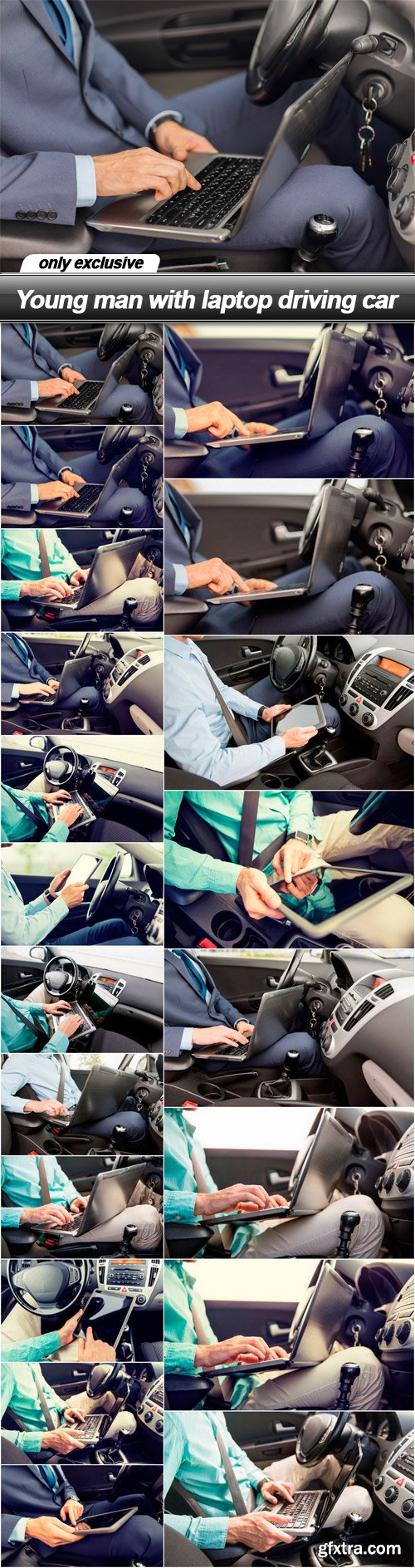 Young man with laptop driving car - 20 UHQ JPEG