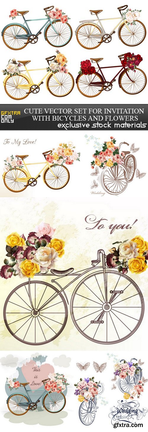 Cute Vector Set for Invitation with Bicycles and Flowers - 6 EPS